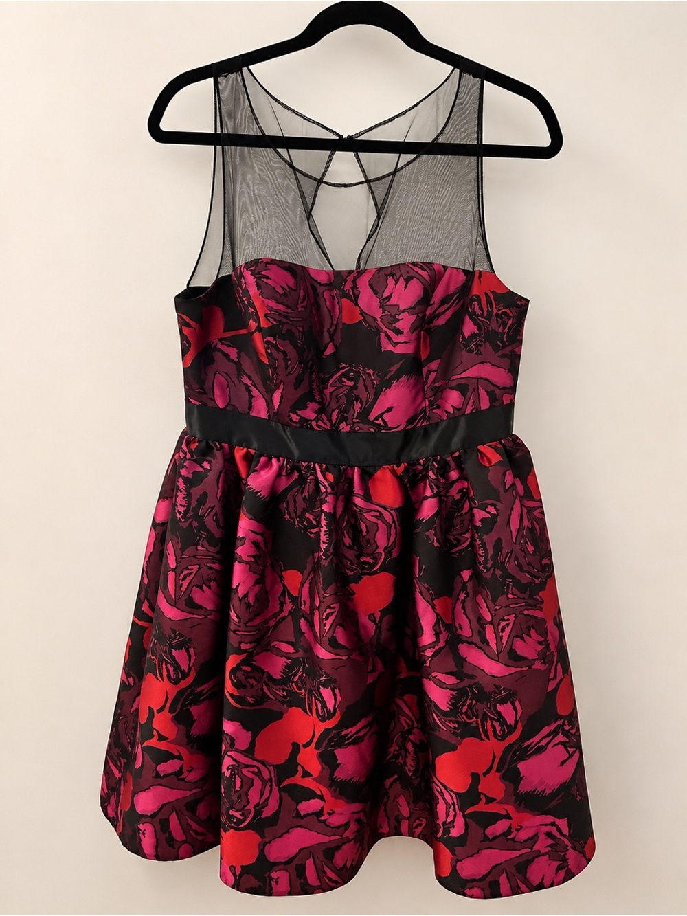 Adrianna Papell Black Dress with Pink and Red Floral Jacquard